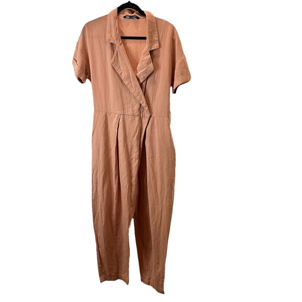 Zara Light Pink Linen Blend Collared Snap Button Jumpsuit Jumper Coverall Size M